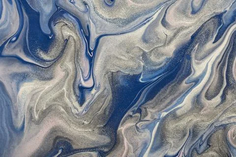 Abstract fluid art background blue and silver colors. Liquid Acrylic painting 스톡 일러스트