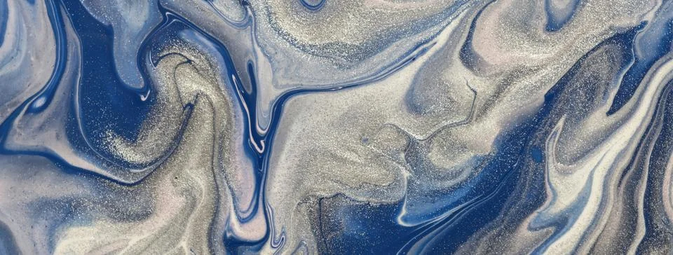 Abstract fluid art background blue and silver color. Liquid marble Acrylic .. Stockillustratie