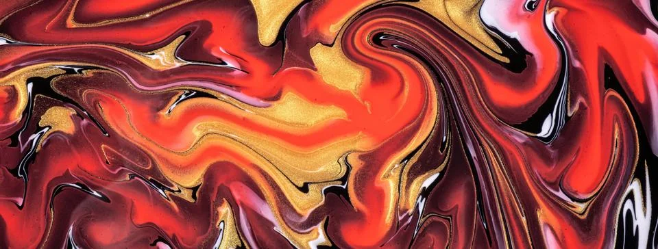 Abstract fluid art background dark red and golden colors. Liquid marble. Acry Stock Illustration