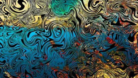 Abstract fluid art background featuring a vibrant swirl of blue, black, yellow, Stock Illustration