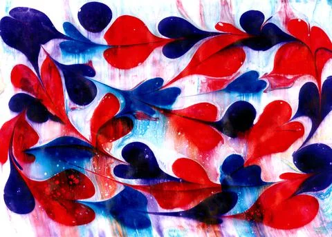Abstract fluid art background. Red, blue, purple and white colors mix together Stock Illustration