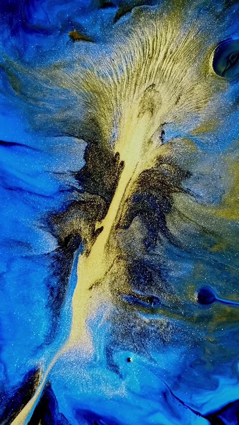 An Abstract Fluid Art Piece Featuring Vibrant Shades of Blue and Luxurious Gold Stock Footage 291978661