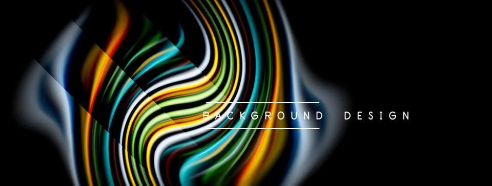 Abstract fluid lines create dynamic colorful waves. Black background emphasiz Stock Illustration
