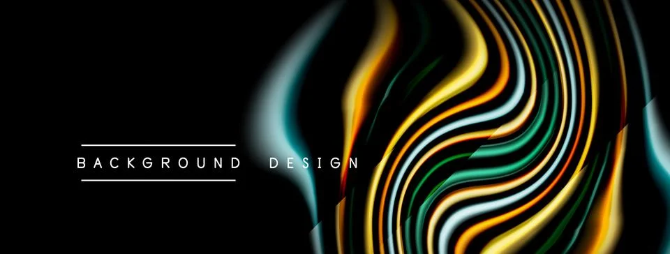 Abstract fluid lines create dynamic colorful waves. Black background emphasiz Illustrazione stock