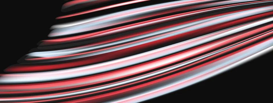 Abstract fluid lines, red, white, silver tones. Dynamic composition over dark Stock Illustration