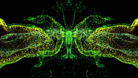 Abstract fluid particles forming a butterfly on dark background Stock Footage 149596967