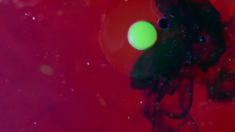 Abstract fluid red, blue and green ink swirling with oil effects and bubbles Stock Footage 346246876
