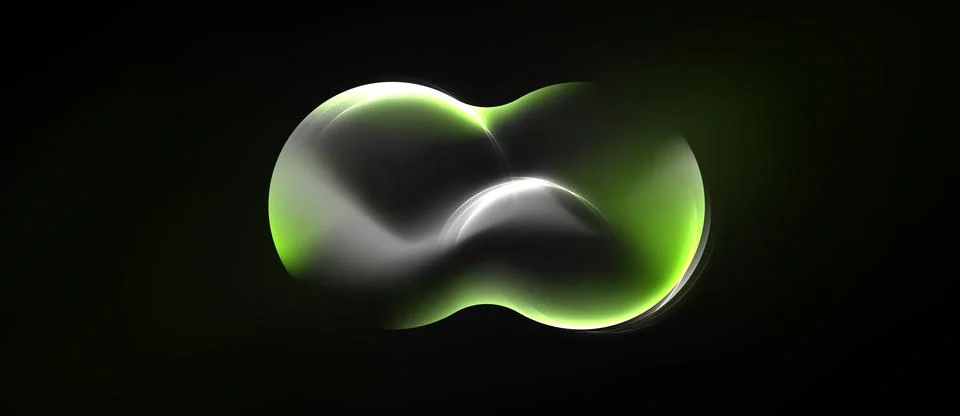 Abstract fluid shape glows against dark background. Smooth curves create Illustrazione stock
