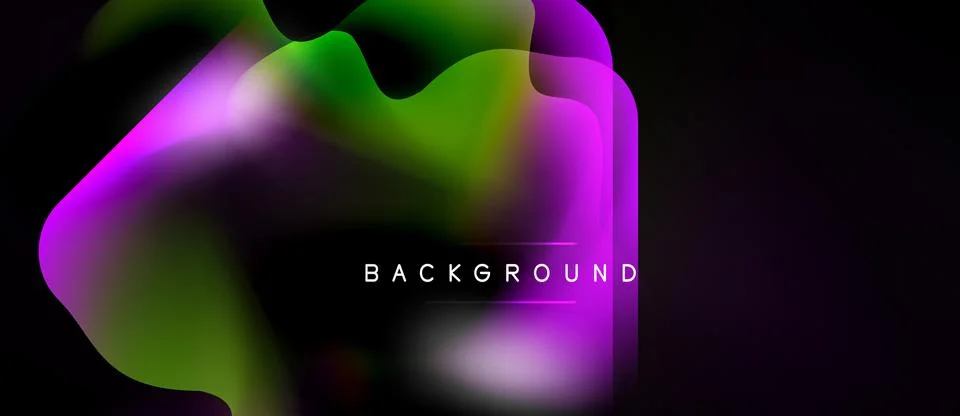 Abstract fluid shapes blend, creating vibrant purple, green hues over black Stock Illustration