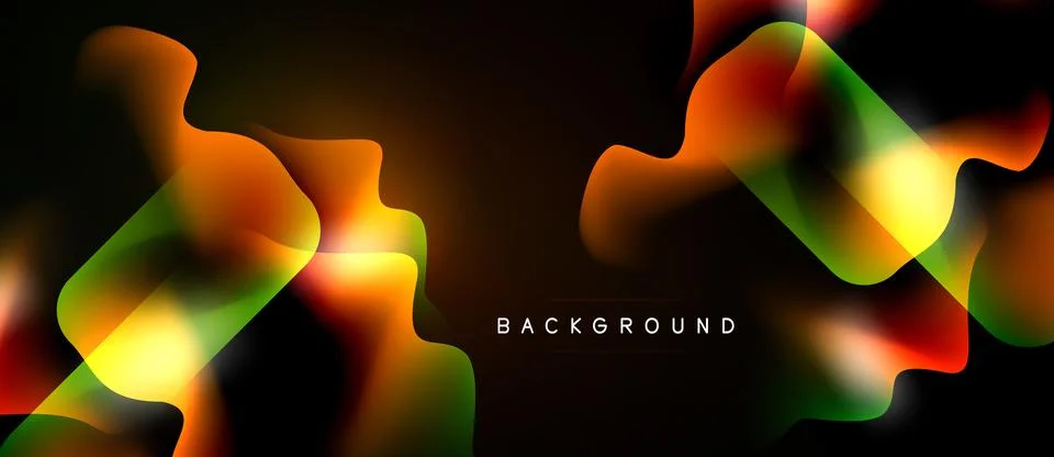 Abstract fluid shapes blend, creating vibrant color gradients on dark backg.. Illustrazione stock