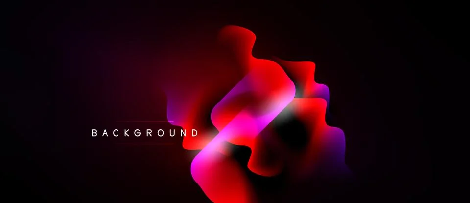 Abstract fluid shapes blend, creating vibrant red, pink, blue gradients. Dark Illustrazione stock