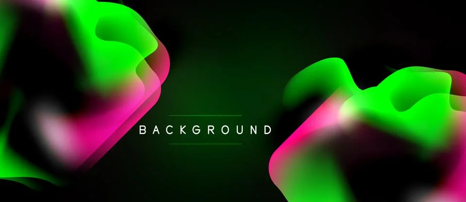 Abstract fluid shapes blend, creating vibrant green, pink hues. Dark backgrou Illustrazione stock