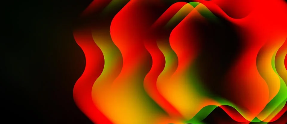 Abstract fluid shapes blend vibrant colors. Red, orange, green gradients crea Stockillustratie
