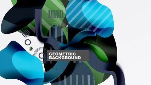 Abstract fluid shapes, geometric patterns overlap. Blue, green, black gradients Stock Illustration