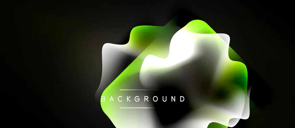 Abstract fluid shapes overlap, creating vibrant green, white hues against dar Illustrazione stock