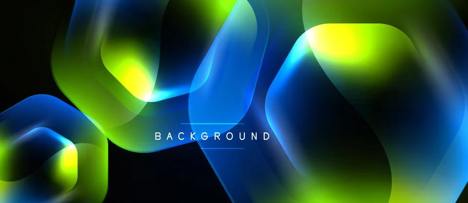 Abstract fluid shapes overlap, creating vibrant gradients. Blue, green, yello Stock Illustration