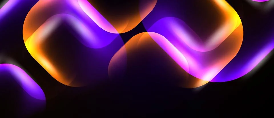 Abstract fluid shapes overlap, creating vibrant purple, orange glow. Dark Illustrazione stock