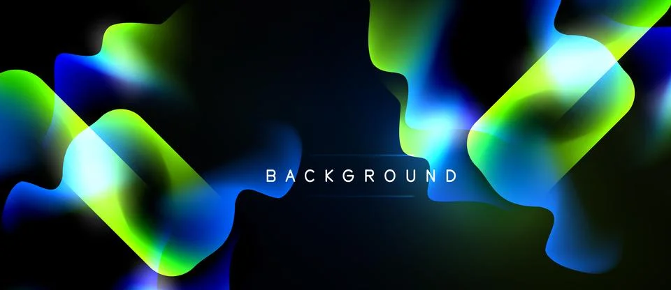Abstract fluid shapes overlap, creating vibrant gradients. Dark background Stock Illustration