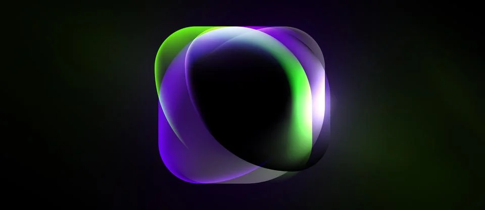 Abstract fluid shapes overlap, creating luminous effect. Colors blendpurple, Illustrazione stock