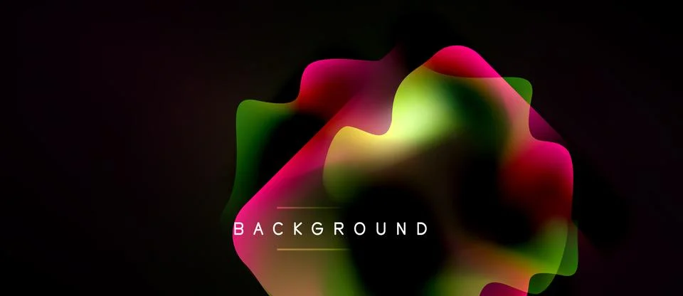 Abstract fluid shapes overlap, creating vibrant color gradients on dark Stock Illustration