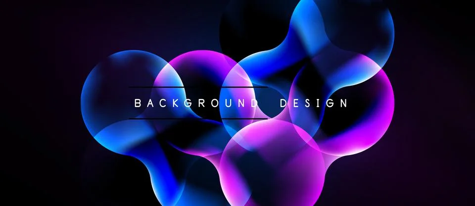 Abstract fluid shapes overlap, creating vibrant neon glow effect. Dark Stock Illustration