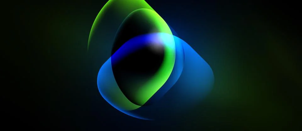 Abstract fluid shapes overlap, creating luminous center. Green, blue hues Stock Illustration