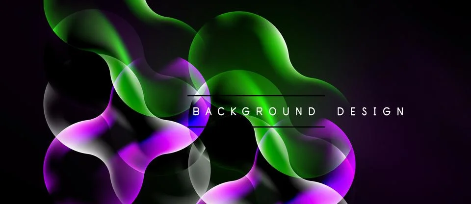 Abstract fluid shapes overlap, creating vibrant green, purple gradients. Dark Stock Illustration