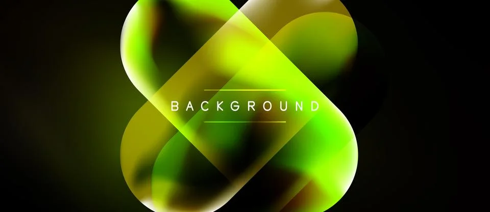 Abstract fluid shapes overlap, creating vibrant green, yellow glow. Dark Stock Illustration