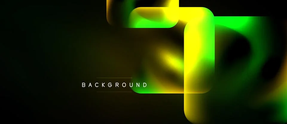 Abstract fluid shapes overlap dark background. Vibrant yellow, green hues c.. Stock Illustration