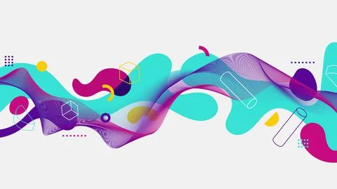 Abstract fluid shapes with wave lines and geometric elements on white backgro Stock Illustration