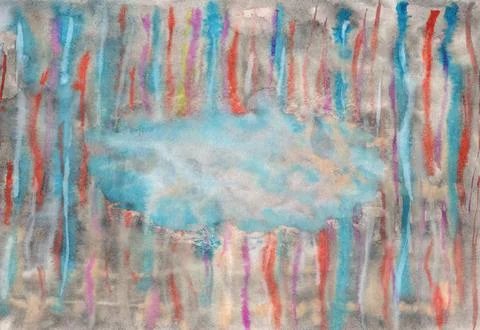 Abstract fluid watercolor with blue cloud and violet, red vertical drip lines Stock Illustration