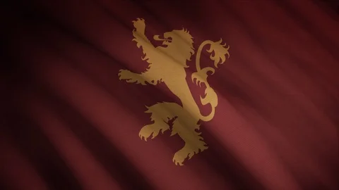 Abstract fluttering dark red flag with a lion on its hind legs ready to fight Stock Footage 105296198