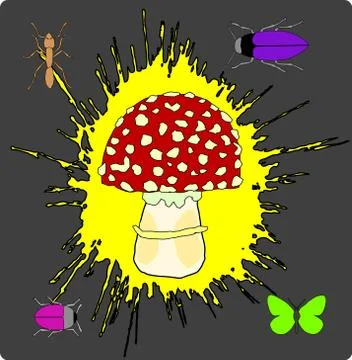 Abstract Fly Agaric with Insects Background Stock Illustration