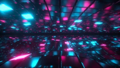 Abstract flying in endless space of neon and metal cubes. Modern blue purple  Illustrazione stock