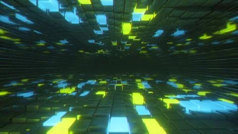Abstract flying in endless space of neon and metal cubes. Modern blue green c Stock Illustration