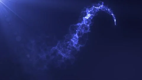 Abstract flying magical glowing line of energy blue particles in the rays of  Illustrazione stock