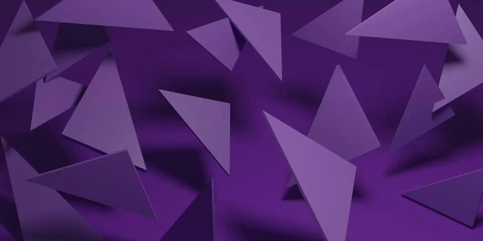 Abstract flying purple triangles pattern luxury dark background. Modern trendy  Illustrazione stock