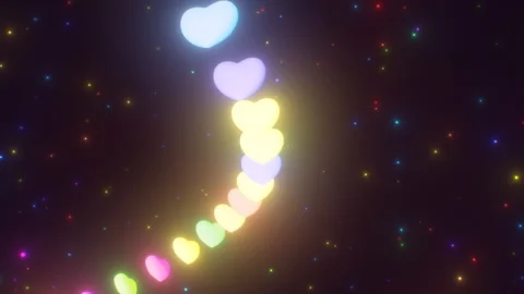 Abstract Flying Rainbow Hearts in Outer Space with Sparkling Stars Stock Footage 228801688