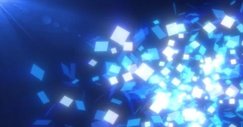 Abstract flying small blue glowing glass squares shiny energetic magical on.. Illustrazione stock