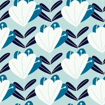 Abstract folk seamless pattern with doodle flower elements print. Blue pastel イラスト素材
