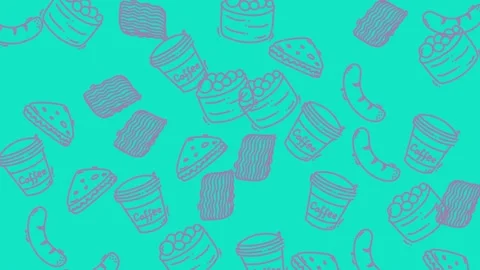 Abstract Food Pattern on Teal Background - A Whimsical Culinary Delight. Stock Footage 321856823