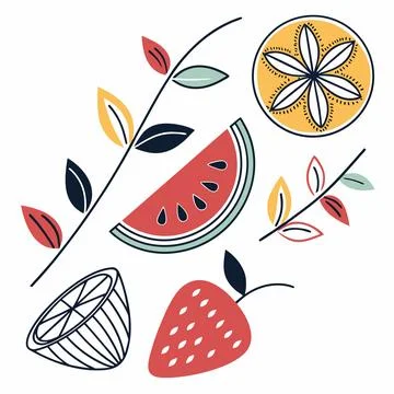 Abstract Food Patterns Featuring Stylized Geometric Fruit Shapes Illustrazione stock