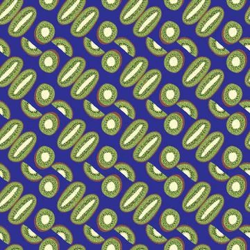 Abstract food summer seamless pattern with little kiwi slices silhouettes. Na 스톡 일러스트