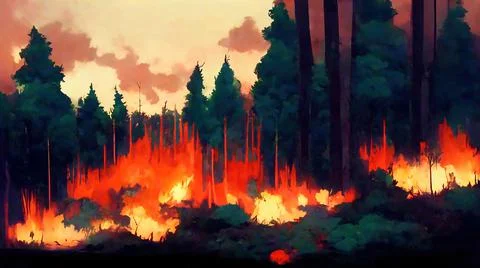 Abstract Forest Fire/wildfire caused by climate change, smoke and flames reac Stock Illustration