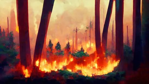 Abstract Forest Fire/wildfire caused by climate change, forest floor covered  Stock Illustration