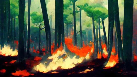 Abstract Forest Fire/wildfire caused by climate change, forest floor covered  Illustrazione stock