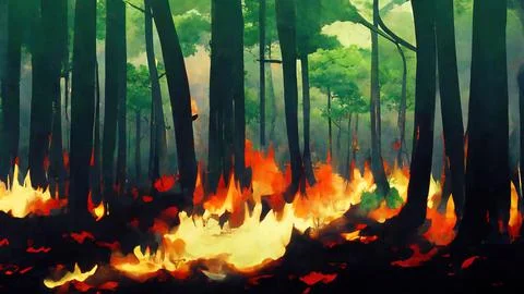 Abstract Forest Fire/wildfire caused by climate change, forest floor covered  Stock Illustration