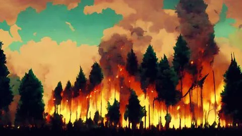 Abstract Forest Fire/wildfire caused by climate change, smoke and flames reac Stock Illustration