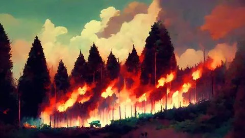 Abstract Forest Fire/wildfire caused by climate change, smoke and flames reac Stock Illustration