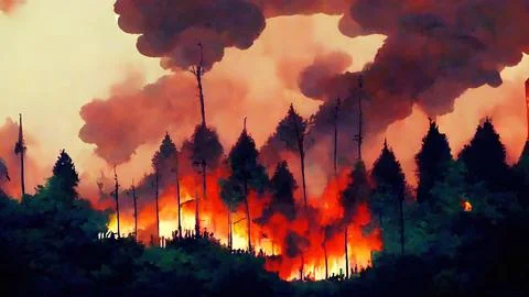 Abstract Forest Fire/wildfire caused by climate change, smoke and flames reac Illustrazione stock